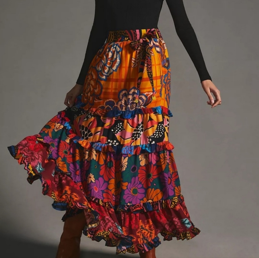Farm Rio Tiered Floral Maxi Skirt